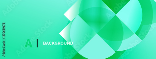 Abstract green background features overlapping translucent shapes. Gradient creates dynamic visual effect. Minimalist design, modern aesthetic.