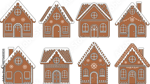 Cute gingerbread house collection with icing decorations, holiday cookie designs, winter sweets, and festive Christmas illustration elements
