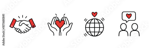 Charity and donation icon collection in black. Set includes donation box, support ribbon, community group, family care. Charity community, partnership care, people solidarity help concept icon set.