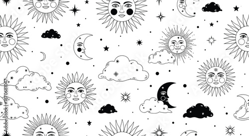 A charming seamless pattern featuring hand-drawn suns moons clouds and stars for a whimsical celestial-themed background.