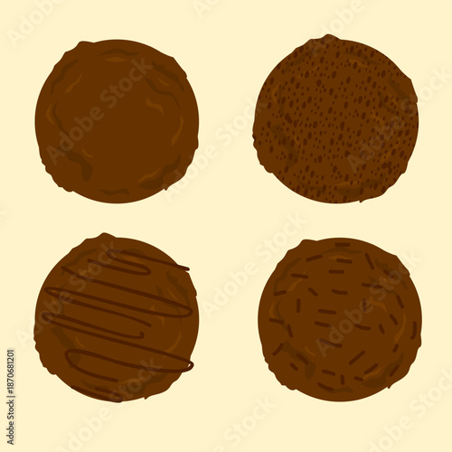 Assorted chocolate pralines with various toppings, sweet confectionery illustration perfect for Valentine gifts and desserts, flat art design style.
