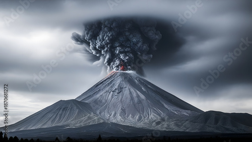 Dramatic volcanic eruption with massive ash cloud | Powerful natural disaster and gray sky background | Stratovolcano spewing thick dark smoke and glowing magma | Large volcano crater exploding danger
