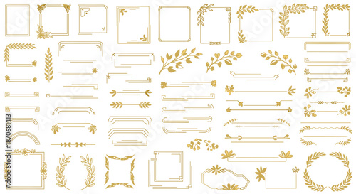 A huge collection of golden glitter frames borders and dividers with botanical elements for luxury wedding and event designs.