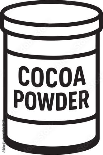 An illustrative image, offering a clean, minimal design, of a cylindrical cocoa powder container, presenting the product in a clear, and modern format. 