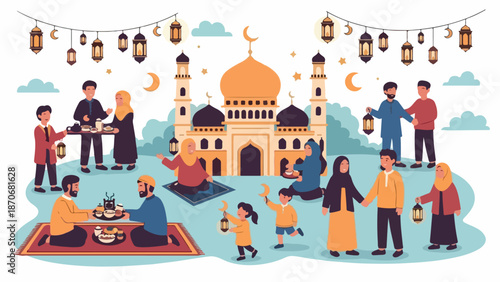 Muslim community celebrating Eid alFitr with family and friends near a mosque.