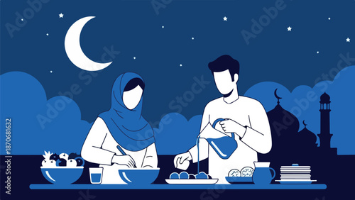 Muslim couple preparing Iftar meal together during Ramadan.