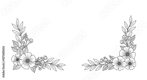 Beautiful hand-drawn floral corner decorations with detailed flowers and leaves in a delicate black and white line art style.