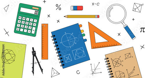 Mathematics study supplies set with notebooks, calculator, rulers, compass, pencil, equations, and geometry tools in colorful illustration