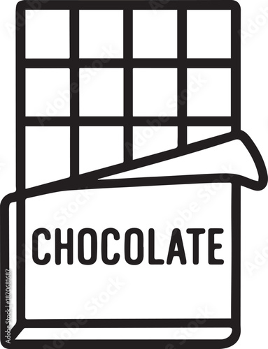 A detailed illustration of a dark chocolate bar, with a portion of the wrapper peeled back to reveal the word Chocolate, presented in a clean, minimalist style.