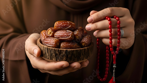 Close-up of hands holding dates and red tasbih for prayer | Traditional Iftar meal preparation during Ramadan fasting | Islamic spirituality and devotion with dried dates in rustic wood bowl | Muslim 