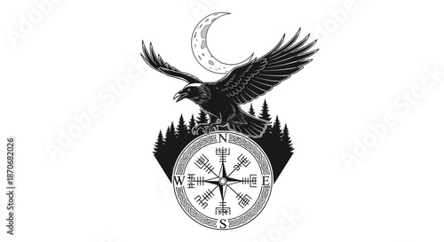 A Viking-inspired tattoo design featuring a raven a Vegvisir compass and a crescent moon over a forest silhouette.