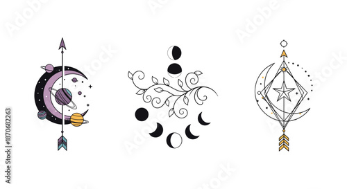 A set of three mystical and celestial tattoo designs featuring moon phases planets and sacred geometry with color accents.