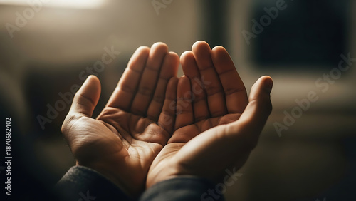 Close-up of a person's cupped hands in a solemn gesture of Islamic dua or prayer asking for blessings and guidance
