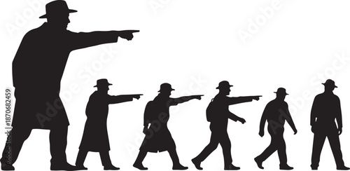 Silhouette of men pointing and walking in line