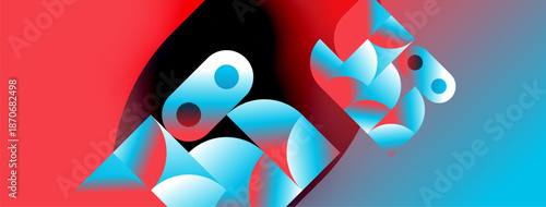 Abstract geometric shapes blend red, blue, black. Dynamic composition creates modern visual impact. Smooth gradients enhance depth.