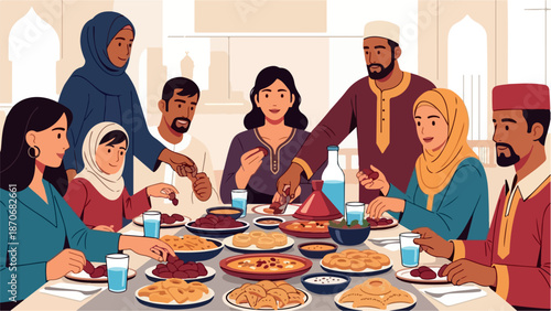 Muslim family enjoying Iftar together during Ramadan sharing a meal at a large table.