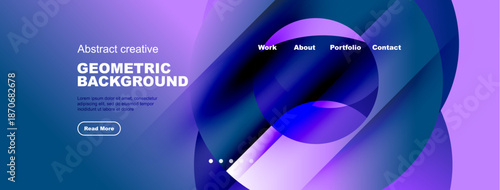 Abstract website header design. Geometric shapes, gradient colors, navigation menu present. Minimalist style, modern aesthetic.