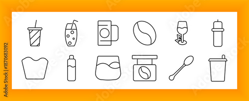 Drink and beverage set icon. Includes soda cup, bubble tea, juice, coffee bean, mug, bottle, spoon, baby bottle, glass, espresso machine, cocktail, and waste bin icons.
