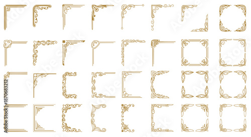 A huge collection of elegant golden corner frames in vintage art deco and classic styles for decorative design projects.