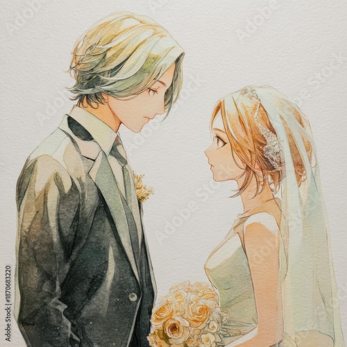 Anime style wedding couple in soft watercolor illustration with pastel colors and gentle lighting for romance
