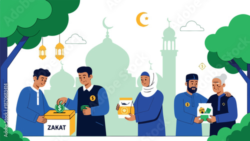 Muslims giving Zakat charity during Ramadan helping those in need.