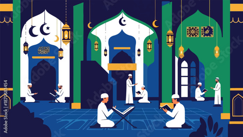 Muslim men praying and reading Quran inside a mosque during Ramadan.