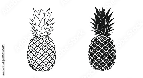 A simple pineapple illustration shown in both black silhouette and clean line art styles perfect for summer or tropical designs.