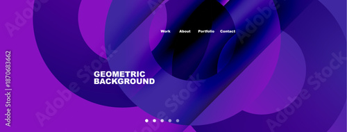 Abstract purple design features flowing shapes, text elements. Minimalist aesthetic suitable for website header or banner.