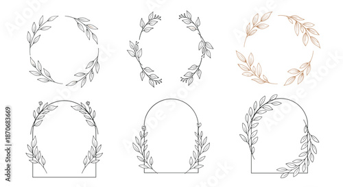 A set of elegant and minimalist botanical frames in various shapes including arch and diamond for modern wedding invitations.