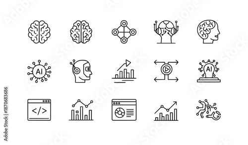 Modern machine learning line icon set with rounded black outline pictograms for UI design