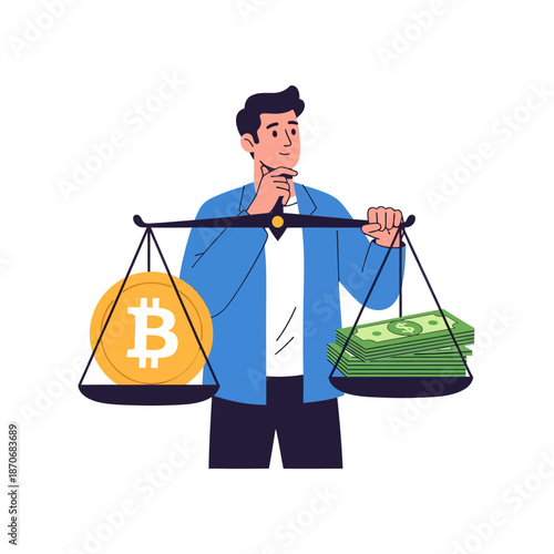 Man weighing Bitcoin against cash thoughtfully.