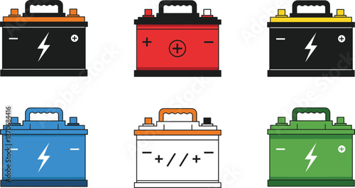 Colorful car battery illustration set showing different designs, terminals, symbols, and automotive power storage equipment variations