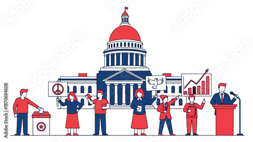 People engaging in various political activities in front of a government building.