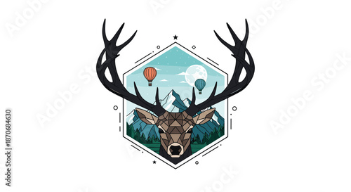 Geometric illustration of a deer head with large antlers framing a mountain landscape with hot air balloons in a modern polygonal style.