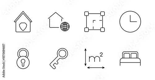 Real estate and housing set icon. House with shield, globe house, crop, clock, padlock, key, square meter, bed illustrated for property, time, area, and security related visual contexts.