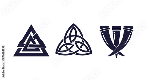 Set of three dark blue viking symbols including the valknut a trinity knot and crossed drinking horns in a minimalist graphic style.