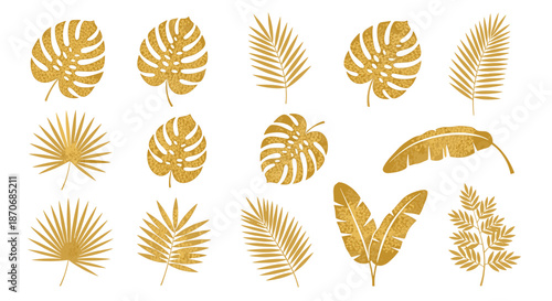 Collection of golden tropical leaves with a glitter texture including monstera palm and banana leaf for luxury summer design projects.