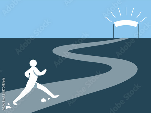 Running on the road towards the goal or finish at the end