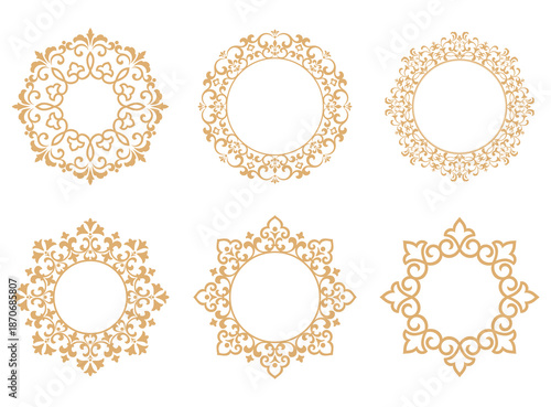 Set of decorative frames Elegant vector element for design in Eastern style, place for text. Floral golden and white borders. Lace illustration for invitations and greeting cards