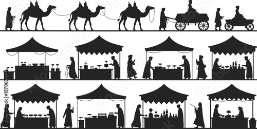 Middle eastern market silhouettes camel caravan traders stalls bazaar scenes cultural lifestyle illustration isolated on white background traditional commerce history