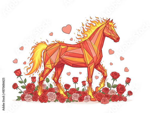 Vibrant fiery geometric horse stands proudly surrounded by blooming roses and floating hearts in a romantic and passionate digital illustration.