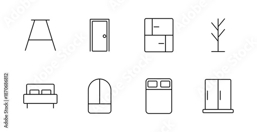 Bedroom set icon. Table, door, cabinet, hanger, bed, mirror, wardrobe, storage, dresser, organization, modern, interior, furniture, home