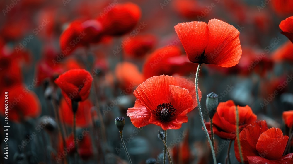 Fototapeta premium Bright red poppies stand tall in a field under a clear sky. The flowers sway gently in the breeze showcasing their vibrant petals and dark centers.