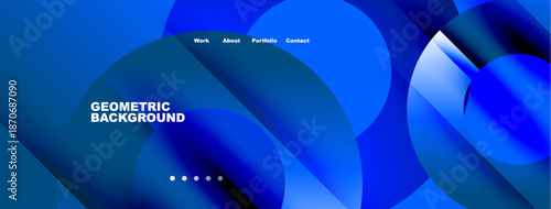 Abstract blue geometric background. Overlapping shapes create dynamic visual effect. Navigation menu present at top. Modern design.