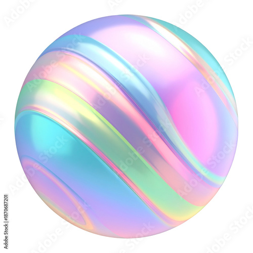 A glossy sphere with swirling iridescent ribbons against black