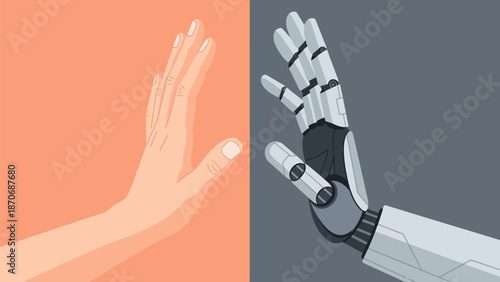 The complex dynamic between human presence and artificial intelligence, illustrated by hands in a cautionary stop gesture, reflecting future technological challenges and ethical debates