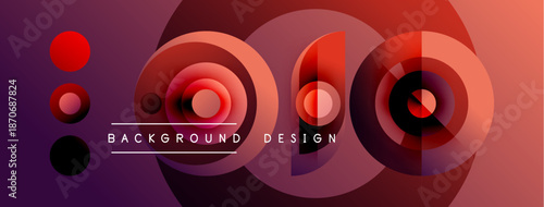 Abstract design features layered circles, gradients. Red, purple hues dominate composition. Text reads background design. Modern aesthetic.