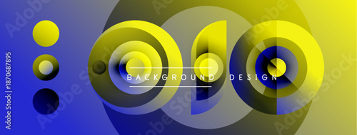 Abstract design features layered circles, blue yellow gradients. Text reads background design within central shapes. Modern aesthetic.