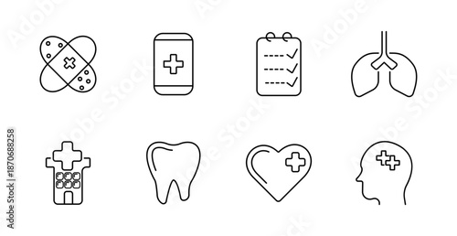Medical set icon. Plaster, smartphone, checklist, lungs, hospital, tooth, heart, head with cross showing diagnostics, emergency help, therapy, dentistry, mental care.
