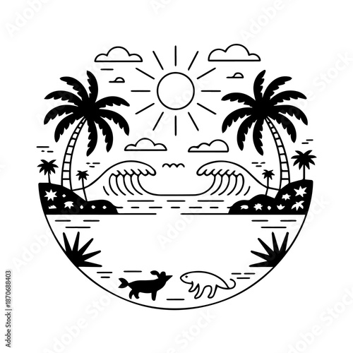 Tropical Paradise Illustration: A minimalist, line-art illustration showcases a serene tropical scene, featuring palm trees, ocean waves, a radiant sun, and playful animals.